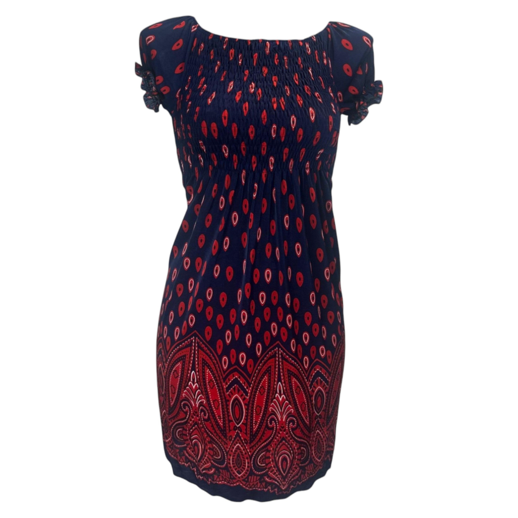 Navy Red summer dress with red teardrop print and paisley hem β lightweight casual women's beach dress
